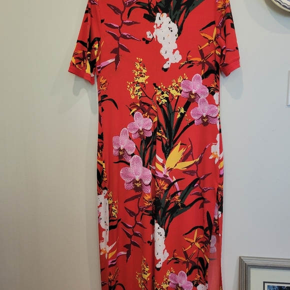 GILL Colourful Red Print Maxi Sheath Dress High Leg Slits Short Sleeves MP Size - Picture 3 of 8